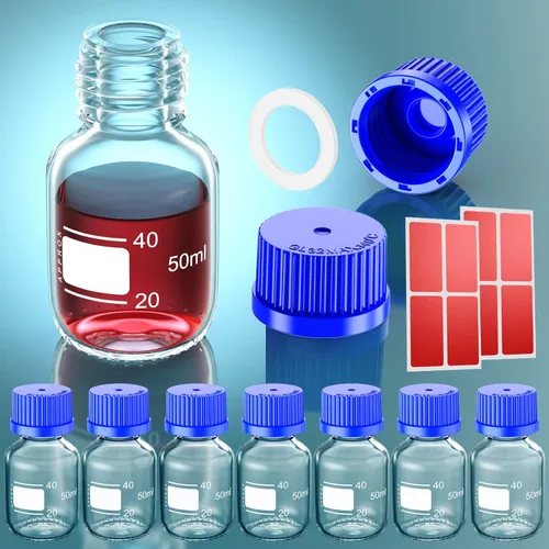 Vista 7 de GL25 - Botellas redondas de almacenamiento de medios de 0.8 fl oz con tapa de rosca azul GL25, anillo de vertido de PP y junta de silicona