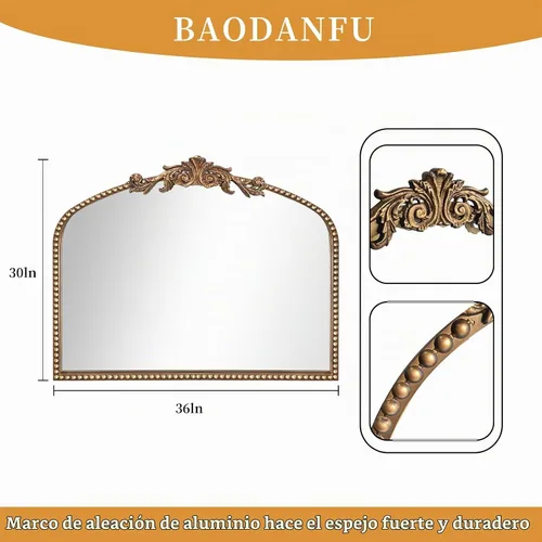 Vista 5 de BAODANFU Espejo de arco barroco para pared de sala de estar, 36 x 30 pulgadas, oro antiguo, catedral tradicional, adornado con cuentas, marco