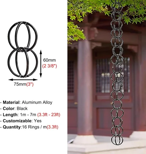 Vista 7 de Ring Rain Chain Diverter Replacement Gutter, Rust-Resistant Aluminum Alloy Rain Catcher Chain, Black Home Decor Eaves Drainage Gutter Chain(1m