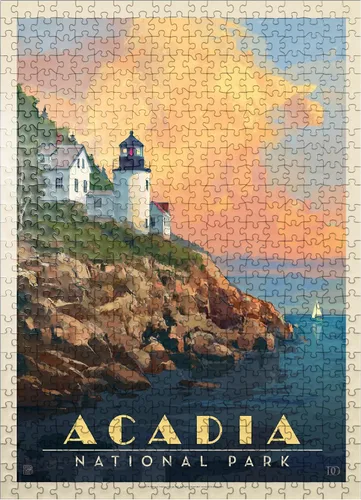 Vista 8 de MyPuzzle Acadia National Park: Lighthouse, Vintage Poster - Rompecabezas de 100 piezas prémium para adultos
