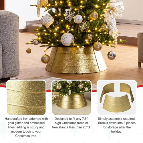 Vista 9 de Glitzhome Collar de árbol de Navidad, 25.75 pulgadas de profundidad, cubierta de base de árbol de metal dorado con purpurina, anillo de árbol