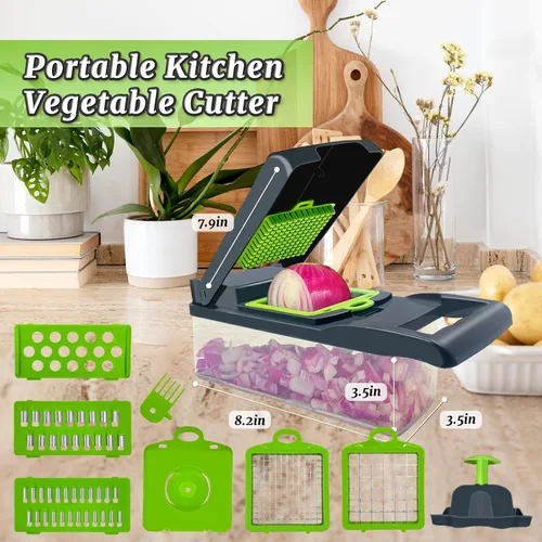 Vista 5 de Picador de verduras, multifuncional 14 en 1, picador de verduras de cocina con 8 cuchillas, cortador de cebolla profesional, cortador de verduras