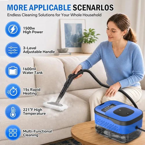 Vista 2 de Limpiador a vapor con mango de 3 niveles para limpiar el hogar y el Azul y negro