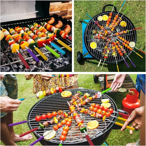 Vista 6 de Brochetas de parrilla con mango de silicona, brochetas de kebab de 16 pulgadas de largo, paquete de 10 pinchos planos reutilizables de acero