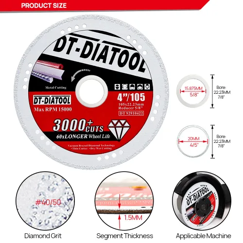 Vista 2 de DT-DIATOOL Ruedas de corte de diamante de 4 x 7/8 "para cuchillas de corte de metal de acero y hierro para amoladora angular