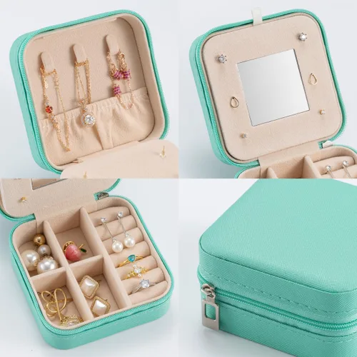 Vista 3 de Pequeño joyero de viaje portátil, organizador de joyas de viaje, soporte portátil de almacenamiento de joyas para anillos, aretes, collares, regalos