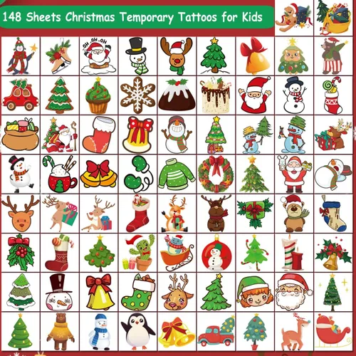 Vista 3 de CHARLENT Tatuajes temporales de Navidad para niños, 148 tatuajes individuales para niños, recuerdos de fiesta de Navidad, relleno de calcetines