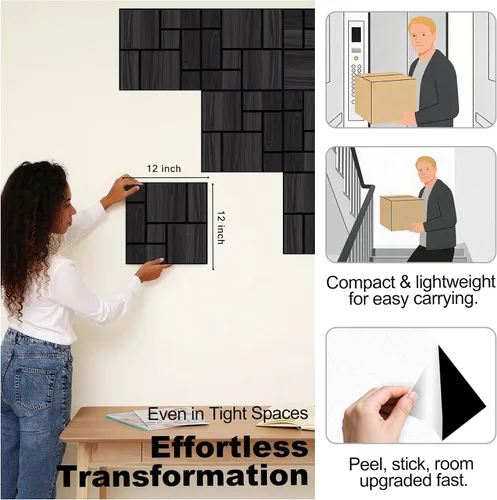 Vista 5 de Paneles acústicos, decoración de grano de madera de PVC, azulejos de pared con patrón tallado de 12 x 12 pulgadas, autoadhesivos para reducción