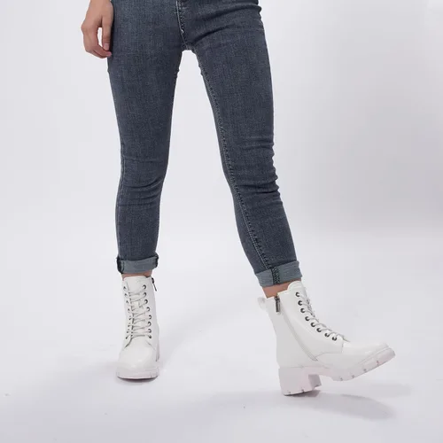 Vista 4 de GENSHUO Botas de combate para mujer - Botines de tacón bajo con cordones y cremallera
