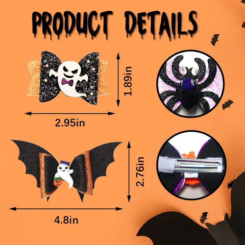 Vista 2 de 4 lazos para el pelo de Halloween, pinzas para el pelo de araña fantasma brillante para niñas, lazos de araña para mujer, horquillas de calabaza