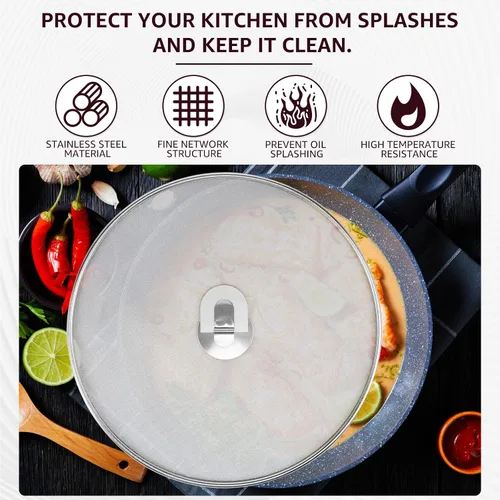 Vista 2 de 3 protectores contra salpicaduras, pantalla de acero inoxidable, a prueba de salpicaduras, cubierta de salpicaduras de aceite con mango plegable
