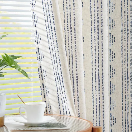 Vista 3 de Vangao - Cortinas boho azul con rayas, cortinas de granja geométricas de mudcloth de lino de 63 pulgadas de largo para sala de estar, tratamientos