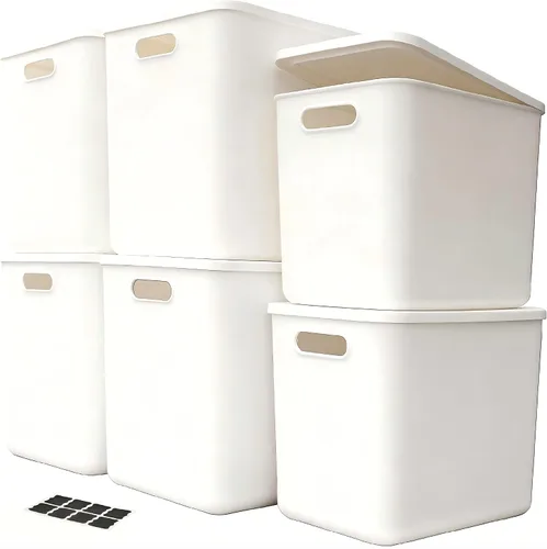 Vista 9 de Cestas de almacenamiento de plástico de 4 piezas con tapas, contenedores organizadores apilables de 11.8 x 8 x 10 pulgadas con asas, contenedores
