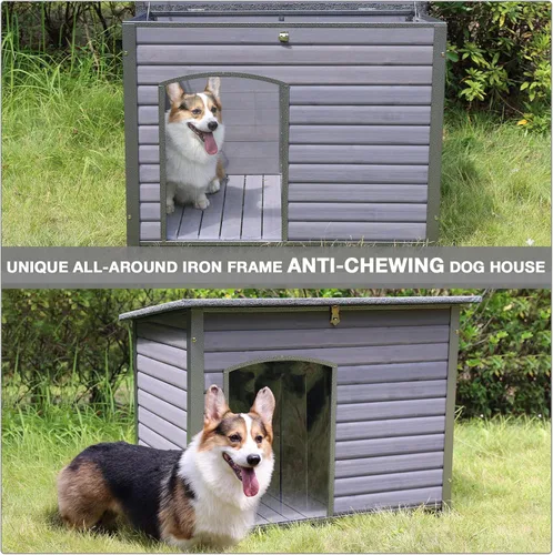 Vista 5 de Casa para Perros al Aire Libre Aislada para Perros Pequeños, Medianos y Grandes, Madera Natural con Marco de Hierro, Techo Resistente al Agua, Patas