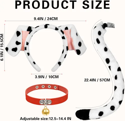 Vista 7 de U-Goforst Diadema con orejas de dálmata y cola Disfraz para mujer, disfraz de Halloween, cachorro, disfraz de perro, blanco y negro