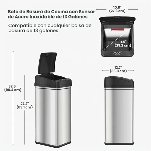 Vista 10 de iTouchless PUEDE DE BASURA AUTOMÁTICO DE 13 GALONES CON FILTRO DE ABSORTE DE OLOR Y BLOQUEO DE LA TAPA, PINDADOR DE BASURA DE COCINA DE SENSOR negro