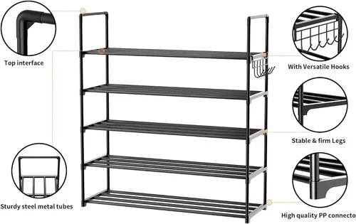 Vista 5 de Organizador de zapatos de metal, zapatero de 5 niveles con ganchos, se adapta a 20-25 pares, estante de zapatos ajustable para entrada, pasillo