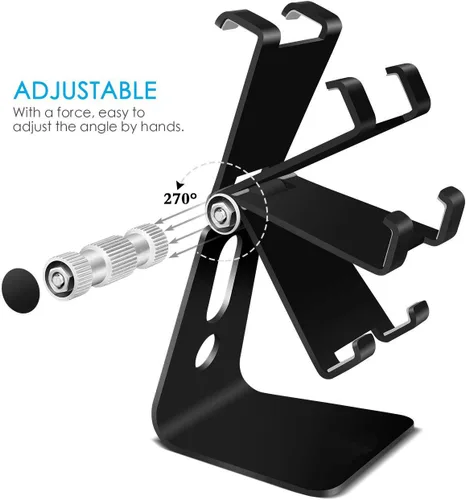 Vista 3 de Soporte ajustable para teléfono celular, soporte de escritorio de aluminio 2020 con base antideslizante y práctico puerto de carga, se adapta a