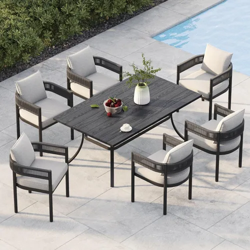 Vista 34 de Juego de comedor al aire libre Grand Patio de 5 piezas para 4, sillas de patio fijas de mimbre tejido metálico con cojines engrosados y 1 mesa