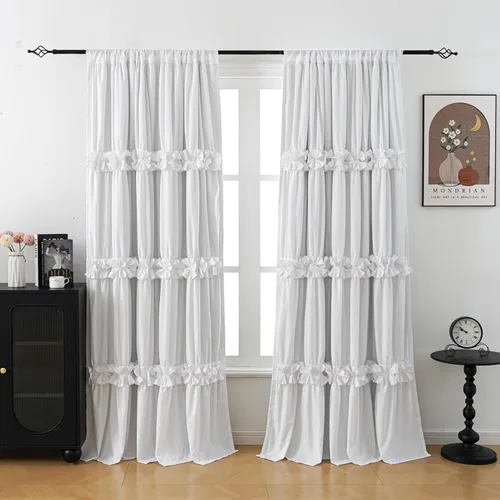 Vista 7 de Cortinas opacas con aislamiento térmico y 3 filas de flores de mariposa, cortinas rústicas con bolsillo para barra, 2 paneles