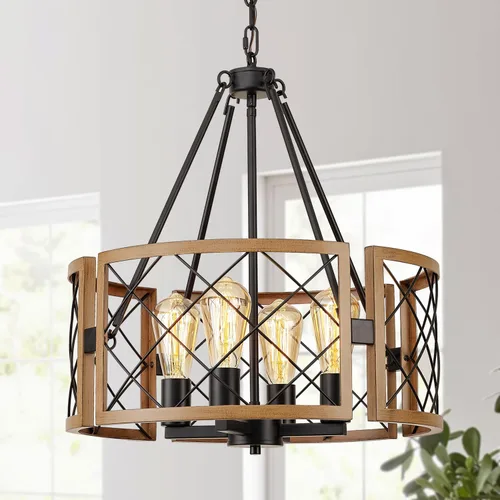Vista 9 de SANTOSTOCK Candelabro Moderno de Granja, Lámpara de Araña Rústica de 4 Luces para Comedor, Accesorio de Iluminación para Isla de Cocina, Luz Madera