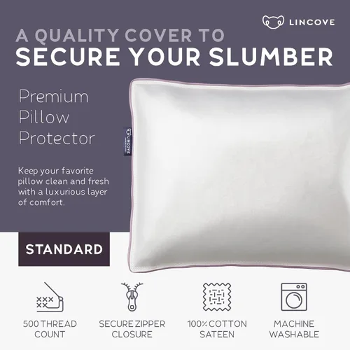Vista 2 de Lincove Funda protectora de almohada de satén 100% algodón, funda de almohada con cremallera, 500 hilos, algodón de lujo, protector de almohada
