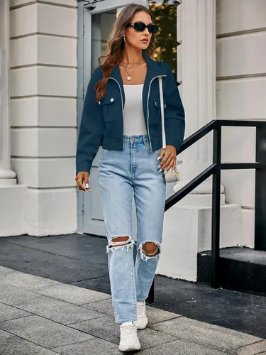 Vista 4 de Chaqueta bomber casual para mujer, chaqueta recortada para exteriores