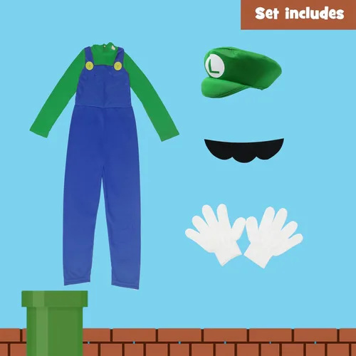 Vista 2 de Disfraz de Super Brothers para niño, overol de cosplay de fontanero con accesorio