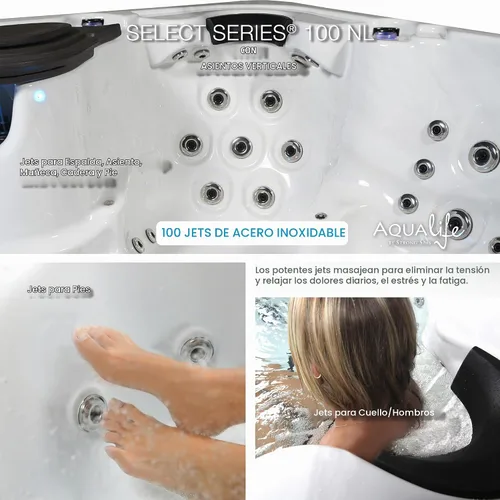 Vista 7 de Bañera de Hidromasaje AquaLife Serie Select® de 7 Personas con 100 Chorros de Acrílico, sin Asiento, con Ozonizador y Escalones