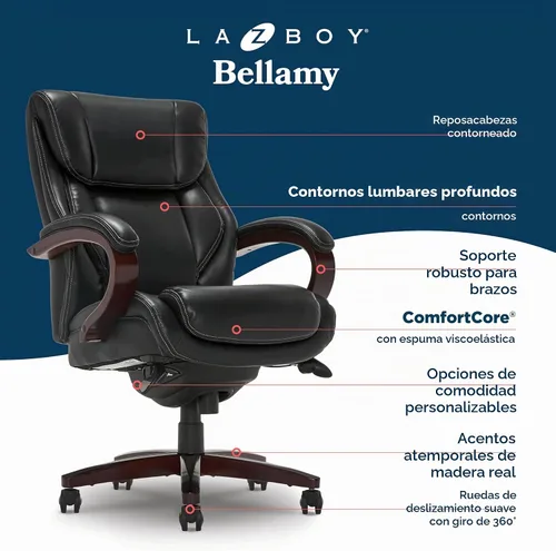 Vista 4 de La-Z-Boy Executive Ergonomic Office Chair with Lumar Support, Leather Chair Negro