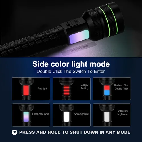 Vista 6 de KZK Linterna recargable de 9000 lúmenes altos con mango largo, potente linterna de mano con 11 modos de luz, impermeable y zoomable para el hogar