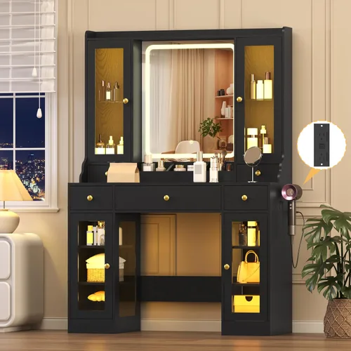 Vista 21 de Wodeer Pequeño escritorio de maquillaje con espejo y luces, tocador con armario de cristal, luces LED y toma de corriente, cajón y gabinetes