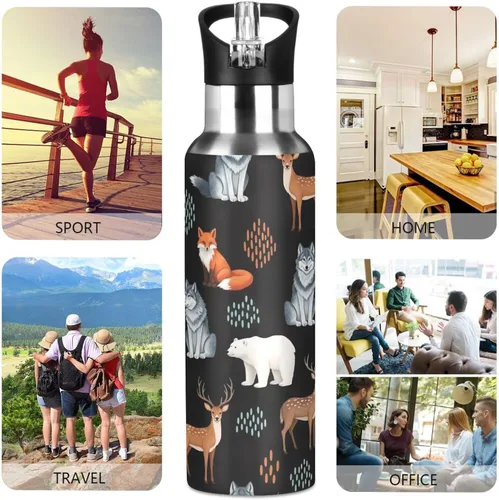 Vista 5 de Cute Animals Fox Wolf Bear Black Insulated Water Bottle 32 Oz, BPA-Free Sports Water Bottle Leakproof Water Bottles