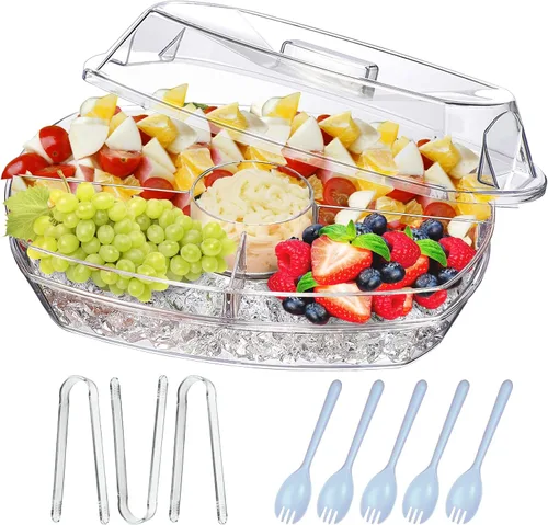 Vista 11 de INNOVATIVE LIFE Gran cuenco de ensalada con base enfriadora de hielo y tapa, bandeja refrigerada de cocina para verduras con dos cucharas largas