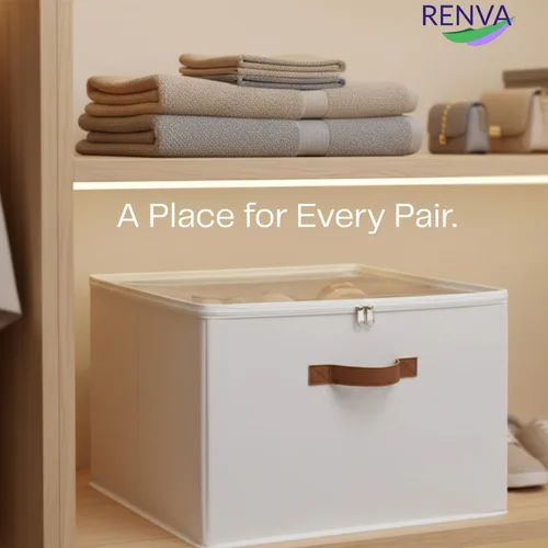 Vista 4 de RENVA Shoe Organizer for Closet, Foldable Shoe Storage Bins with Clear Cover, Large Shoe Box Storage Container with two sides PU handles, Fits up to