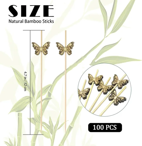 Vista 3 de 100 púas de cóctel de bambú de mariposa, 4.7 pulgadas Toothpicks for Appetizers, Charcuterie Accessories, Cocktail Toothpicks, Skewers for