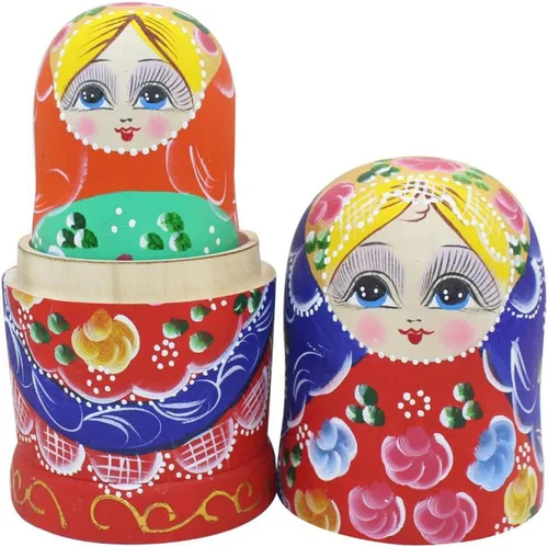 Vista 5 de Winterworm Juego de 7 piezas de hermosas muñecas de madera roja con bufanda azul tradicional rusa anidación muñecas Matryoshka juguetes regalo hogar