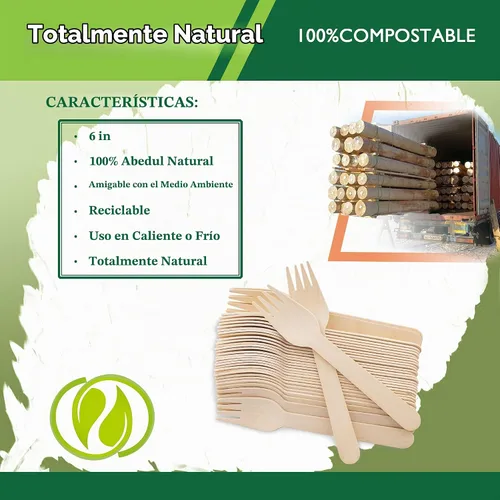Vista 3 de Tenedores de madera desechables, paquete de 100 unidades, 6.5 pulgadas de longitud, biodegradables, utensilios de madera natural, ideales