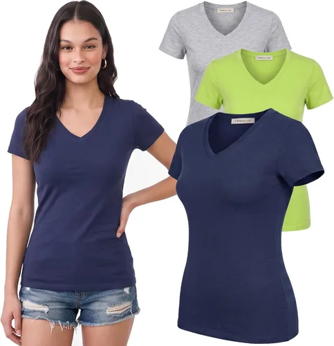 Vista 223 de Emmalise Camiseta de manga corta para mujer, cuello en V, tallas junior y plus