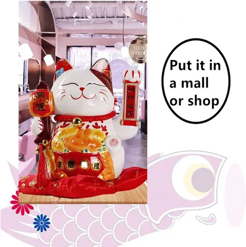 Vista 3 de Gato de la suerte de la fortuna de 10 pulgadas con brazo agitador operado en oro, gato chino Feng Shui Deoration Lucky Cat para tiendas