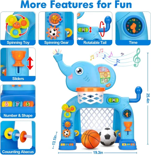 Vista 3 de Aro de baloncesto y portería de fútbol para niños de 1, 2, 3 años, juguete deportivo para niños con música de sonido ligero, juguetes Montessori Azul