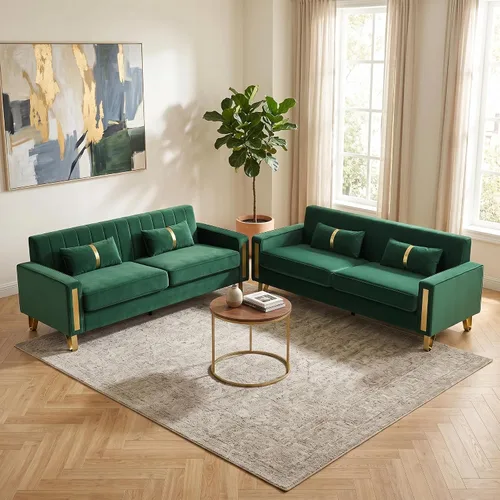 Vista 19 de Juego de sofá de 85 pulgadas, sofá de terciopelo con 2 almohadas y patas doradas, marco resistente de 750 libras, sofá moderno para dormitorio Negro
