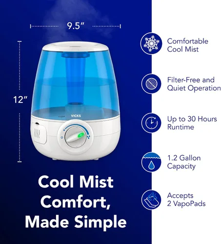 Vista 2 de Vicks Humidificador ultrasónico sin filtro, recomendado por pediatras*, humidificadores ultrasónicos de niebla fría de 1.2 galones para dormitorios