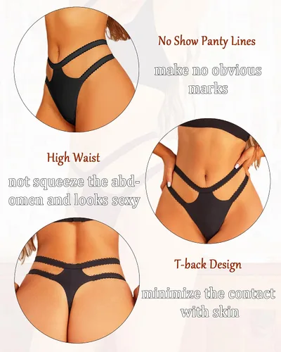 Vista 3 de FINETOO Tangas sin costuras para mujer, ropa interior sexy, tangas invisibles, de cintura alta, no se ven en la cintura, paquete de 6 unidades, S-XL