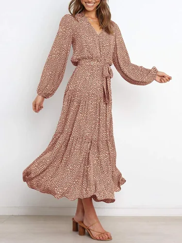 Vista 3 de PRETTYGARDEN - Vestido largo para mujer, de manga larga, cuello en V, estampado de leopardo, volantes, lazo en la cintura, estilo bohemio, de gasa
