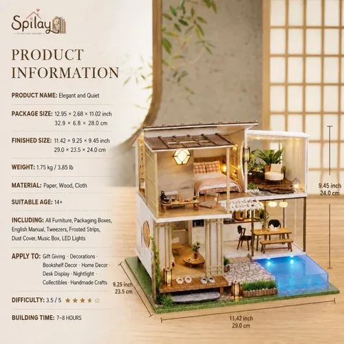 Vista 2 de Spilay - Kit de casa de muñecas en miniatura, construcción de casa de muñecas en miniatura Elegante y tranquilo