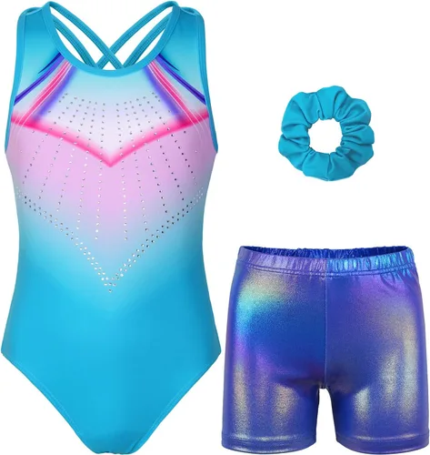 Vista 111 de MODAFANS Leotardos de gimnasia para niñas brillantes para bailar ballet, pantalones cortos con espalda cruzada