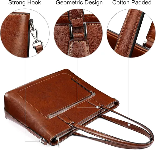 Vista 5 de S-ZONE Bolso de mano de cuero genuino para mujer, maletín vintage, bolso de trabajo, bolso grande de 15.6 pulgadas, L
