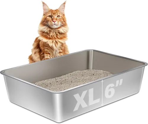 Vista 12 de Caja de arena de acero inoxidable con tapa, caja de arena de metal para gatitos, cajas de arena de entrada baja con pala y alfombra, caja de arena