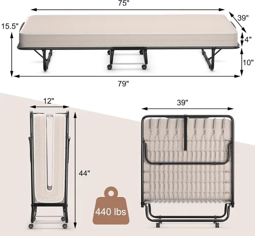 Vista 2 de GORELAX Cama plegable individual con colchón de 4 pulgadas para adultos, juego de cama portátil pequeño con marco de cama de metal, cama plegable